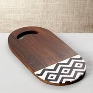 Walnut Chopping <b>Board</b> Smooth Oval Profile Strikingly Accented By A <b>Black</b> And White Geometric Base Pattern For Cutting Vegies - Product Image 4
