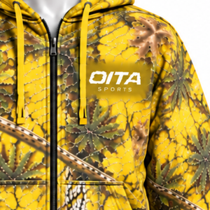 Gold Woodland Print Full <b>Zip</b> <b>Hoodie</b> Mens Outdoor Style Hooded Sweatshirt with Drawstring Kangaroo <b>Pockets</b> Casual Winter Wear - Product Image 6