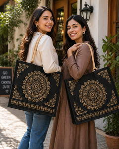Bolsa de Yute Negra con Estampado de Mandala, Ecológica, Reutilizable, para Bodas, Fiestas, Exposiciones, Compras, Diseño Étnico, Logotipo Personalizado - Product Image 5