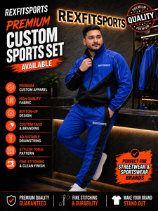 REXFIT SPORTS 2026 Custom <b>Men</b>’s Blue Black Color Block Tracksuit Full Zip Sports <b>Jacket</b> and Jogger Pants Set Private Label - Product Image 1