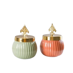 Ensemble de pots de rangement décoratifs côtelés avec couvercle Fleur de Lys doré, vert sauge et rose corail, style vintage, pour la décoration intérieure - Product Image 1