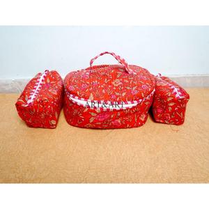 Red beautiful 3-Piece Large Capacity Hand Block Printed Cotton Vanity Set Zipper Washable Bag Durable Reusable Travel for Bags - Product Image 1