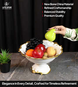Nouveau bol de fruits en porcelaine avec support couleur blanche avec bordure dorée Look de luxe moderne Plat de service non toxique - Product Image 3