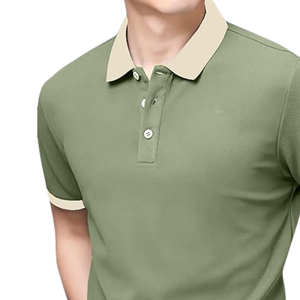 Mens <b>Olive</b> <b>Green</b> <b>T</b> <b>Shirt</b> with Beige Collar Soft Cotton Casual Stylish Summer Top Short Sleeve for Daily Wear Comfortable - Product Image 1