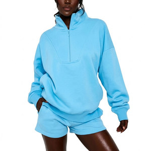 Women Oversized Half <b>Zip</b> Sweatshirt Set Custom Logo Tracksuit 2 Piece Shorts Set Casual Fleece Pullover Hoodie Set - Product Image 1