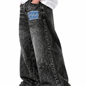 Pantalon Baggy Homme Décontracté Coupe Ample Style Streetwear Coton Jean Denim Ample Hip Hop avec Lettres Bleues - Product Image 3