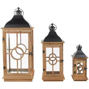 Farol moderno grande de madera marrón y metal negro con paneles de vidrio y asa colgante de acero inoxidable para decoración del hogar - Product Image 6