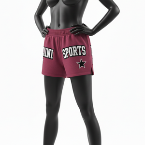 Shorts de mujer de alta calidad en tejido polar transpirable, suaves al tacto, color granate con apliques bordados y logotipo personalizado. - Product Image 4