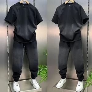 Ensemble décontracté homme de haute qualité effet délavé, ensemble complet tendance, haut et pantalon teints, confortable, 2 pièces (t-shirt et pantalon) - Product Image 5