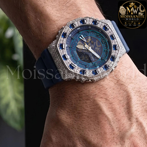Luxury Fashion Antique Diamond Encrusted Quartz Stainless Steel Chronograph <b>Watch</b> <b>Men</b> 46mm Blue Rubber Strap 20mm Band Custom - Product Image 2