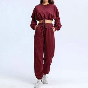 Women Navy Blue Cotton <b>Tracksuit</b> Set Crew Neck Long Sleeve Sweatshirt Jogger Pants With Drawstring And Side Pockets Casual - Product Image 3