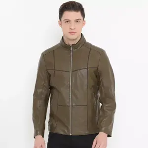 OEM Latest Arrival Genuine Brown Leather Biker Jacket for Men Insulated <b>Padded</b> Long Sleeve Street Style Zip Up Leather Jackets - Product Image 4