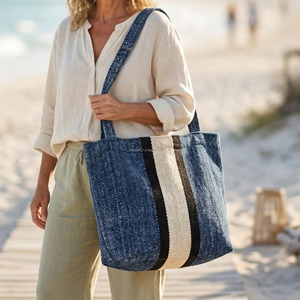 Bolso Tote de Hombro de Algodón Azul Tejido a Mano con Rayas, Ligero, Ecológico, para Mujer, Casual, para Compras, Mercado, Viajes - Product Image 1