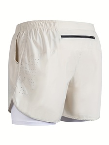 Men's White Quick Dry Sport Shorts Elastic Waist Mid Length Solid Color Knitted Polyester Activewear - Product Image 2