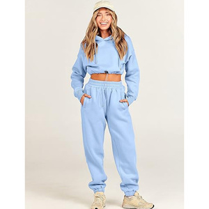 Conjunto de Sudadera Corta con Capucha y Pantalones Deportivos para Mujer, Color Azul Claro, Tejido Casual de Algodón/Fibra de Bambú, Color Sólido, Mangas Largas - Product Image 3