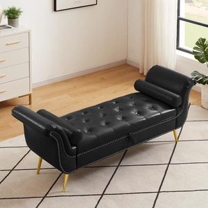 Otomana de Cuero Sintético Negro para Dormitorio, Banco de Almacenamiento con Tapa Abatible y Patas Metálicas, Otomana Tapizada - Product Image 2