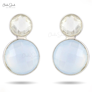 Natural Blue Chalcedony & Rainbow Moonstone Round Gemstone <b>Studs</b> in 925 Sterling <b>Silver</b> Push Back Earrings at Factory Cost - Product Image 1