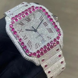 Reloj de Lujo Hip Hop con Incrustaciones de Moissanita, Números Romanos Plateados Vintage, Piedra Rosa Rubí de Alta Calidad, Automático - Product Image 3