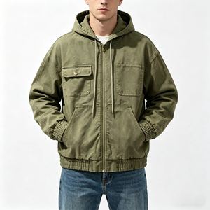 Chaqueta con Capucha y Cierre para Hombre, Color Verde Oliva, Corte Holgado, Diseño Casual con Bolsillos, Estilo Otoñal - Product Image 3