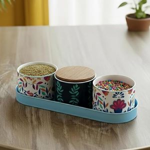 Floral Metal Spice <b>Containers</b> With Wooden Lids Airtight Food <b>Storage</b> Set <b>For</b> <b>Kitchen</b> Use - Product Image 3
