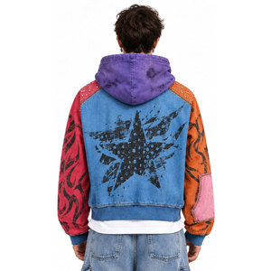 Sweat-shirt à capuche zippé pour homme, coupe oversize, style streetwear, manches raglan, imprimé patchwork, logo frontal, collection automne - Product Image 3