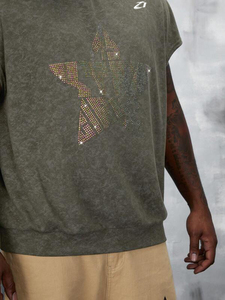 Sudadera sin mangas de algodón lavado con estrellas de diamantes de imitación, estilo urbano oversize, estilo gimnasio, proveedor de producción de ropa personalizada - Product Image 3