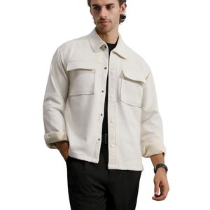 <b>Men's</b> Off-<b>White</b> Button-Up Jacket, <b>Long</b>-<b>Sleeve</b>, Collared Overshirt Dual Pocket Design Minimalist Fashion Outerwear Clothing - Product Image 1