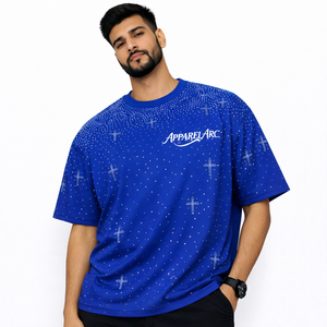 T-shirt bleu entièrement orné de strass pour homme, personnalisé avec des cristaux argentés, streetwear, fabricant OEM - Product Image 1