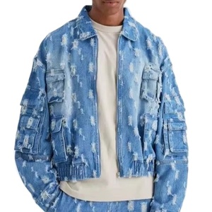 Veste en jean pour homme antibactérienne d'hiver, col montant, vêtement d'extérieur, bleu délavé, 100% coton, haute qualité, mode décontractée - Product Image 1