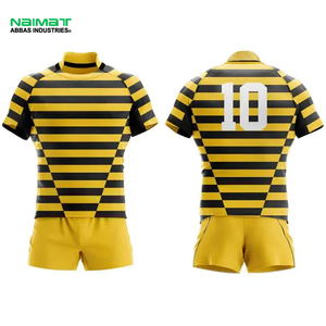 Tenue de rugby professionnelle pour hommes, maillot de performance sublimé jaune et noir rayé, kit de ligue et vêtements de sport - Product Image 1