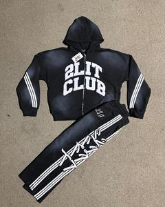 Aplique de 350 GSM bordado con rayas en las mangas y los pantalones Conjunto de pantalones de chándal acampanados y Sudadera con capucha Traje de sudor lavado con ácido - Product Image 2