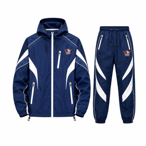 Conjunto Deportivo Unisex Azul Marino con Capucha y Cremallera, Diseño Deportivo con Logotipo Estampado, Material de Poliéster de Secado Rápido, Ropa de Otoño - Product Image 1
