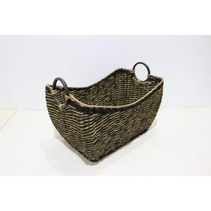 Set of <b>3</b> Woven Seagrass <b>Storage</b> Basket with Round Wooden Handles Black Accent Shelf Organizer <b>Bin</b> - Product Image 6