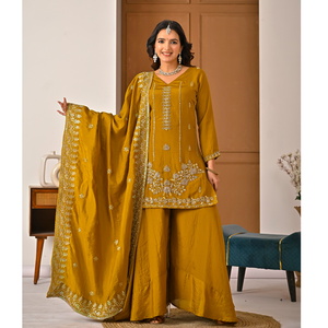 Vichitra Silk Handwork Short <b>Kurti</b> Smooth Palazzo Sequin Embroidered Dupatta Stitched Women Three Piece Salwar Suit Set - Product Image 1