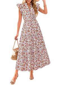 Factory Stock Natural Waist-Defined Maxi <b>Boho</b> Floral <b>Dress</b> Women's <b>Summer</b> V-Neck Vacation Outfit - Product Image 5