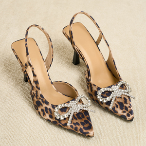 Leopard Print Rhinestone <b>Bow</b> Slingback Stilettos - Pointed Toe High Heel <b>Sandals</b> for Women - Product Image 3