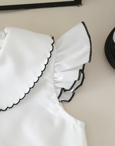 Girls White Short Sleeve Top Peter Pan Collar Black Elastic Waist Shorts Sweet Style Two Piece Set Polyester/Cotton Comfortable - Product Image 3