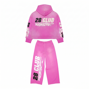 Survêtement rose en molleton de coton et polyester 400 GSM, sweat à capuche entièrement zippé, pantalon large, impression sérigraphique, transfert thermique, logo personnalisé - Product Image 2