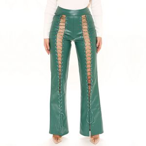 Women's Cross-<b>Pants</b> Leather Eco-Friendly Breathable Quick-Dry Button Fly Lace Winter Streetwear Regular Fit Full Length - Product Image 1