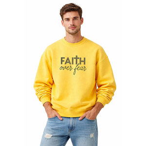 Sudadera Amarilla Extra Grande para Hombre, con Texto de Pedrería “Faith Over Fear”, Mezcla de Algodón Suave, Estilo Casual Urbano - Product Image 1