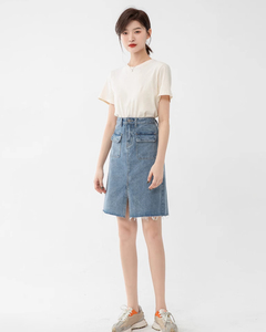 Vente directe usine – Nouvelle jupe en jean décontractée pour femme, longueur genou, unie, avec ceinture boutonnée, style vintage, taille haute, en denim épais - Product Image 3