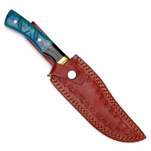 Cuchillo de caza y desollado de hoja fija de acero inoxidable de Damasco recto hecho a mano con funda de cuero para supervivencia al aire libre y camping, logotipo OEM, alta calidad - Product Image 2