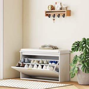 Panca Portascarpe Bianca 80 x 26 x 47,5 cm con Cuscino Imbottito e Cassetto a Ribalta, Mobile Scarpiera da Ingresso - Product Image 2