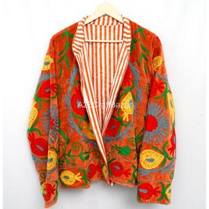 Hand Embroidered Velvet Cotton Jacket Mandarin Collar Full Sleeve Floral Pattern Autumn Women's <b>Coat</b> Orange Red <b>Yellow</b> Green - Product Image 2