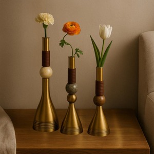 <b>Set</b> Of <b>3</b> Modern Gold Finished Metal <b>Vase</b> With Wooden Beads Design Decorative Table <b>Vases</b> Ideal For Home Living Room Decor - Product Image 3