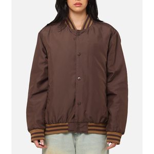Chaqueta Varsity para Mujer, Color Marrón con Ribete en Contraste, Manga Larga, Cuello con Botones, Cierre de un Solo Botón, Tejido de Poliéster, para Otoño - Product Image 1