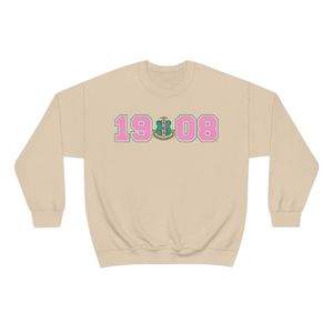 เสื้อสเวตเชิ้ตคอกลมสีเบจพิมพ์ลายกราฟิก 1908 สีชมพูและสีเขียว แขนยาว ผ้าฝ้ายฟลีซ เสื้อพูลโอเวอร์ลำลองสำหรับผู้หญิง เสื้อกันหนาว - Product Image 1