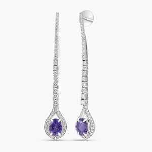 Boucles d'oreilles pendantes pour femmes plaquées rhodium avec améthyste et diamants taille brillant rond, forme goutte d'eau, style classique - Product Image 2