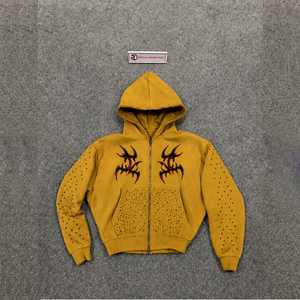 GOLD RHINESTONE ZIP UP HOODIE TRIBAL <b>GOTHIC</b> GRAPHIC Y2K STREETWEAR OVERSIZED STUDDED PUNK GRDUNGE HOODED SWEATSHIRT <b>JACKET</b> - Product Image 5