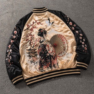 OEM ODM Luxury Premium Reversible Sukajan Bomber <b>Jacket</b> Stand Champagne Gold Satin Geisha Embroidered <b>Patchwork</b> Winter Front - Product Image 1